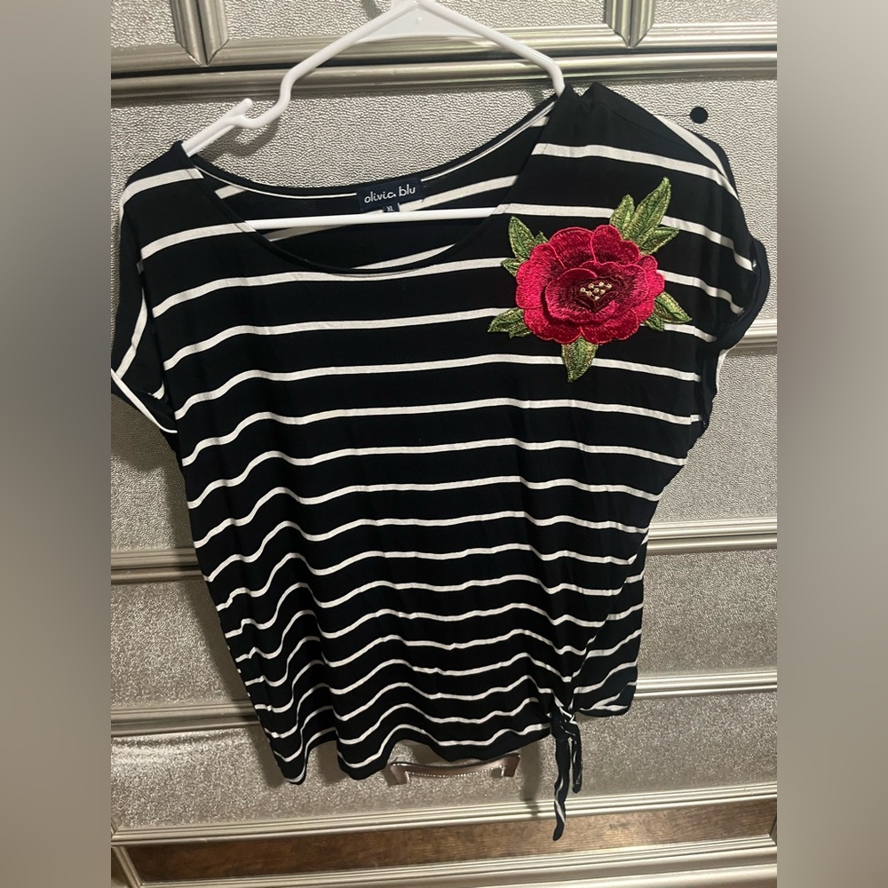 Olivia Blu Chic Striped Tee with Floral Accent